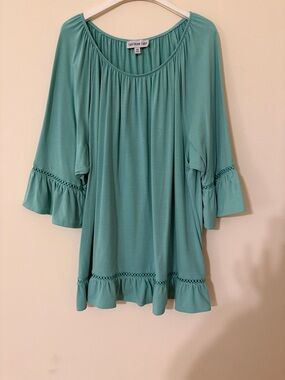 Southern Lady Teal Peasant Blouse - Relaxed 3/4 Bell Sleeve